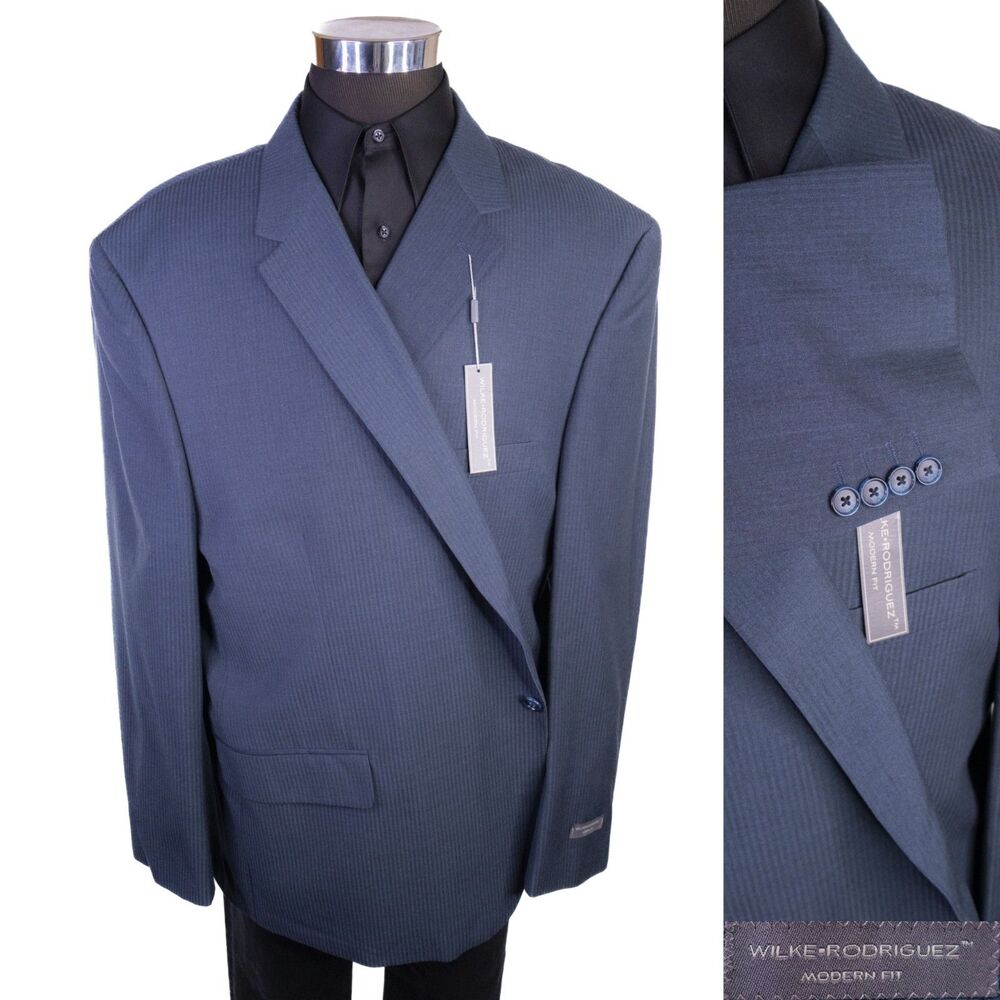 WILKE RODRIGUEZ Blazer Sport Coat Sz 58R Blue Poly Blend Two Button Jacket NWT